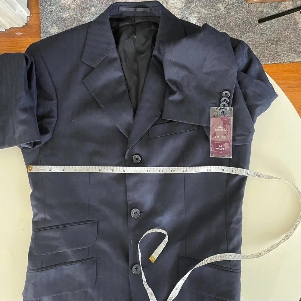 T.M. Lewin Navy Herringbone Wool Suit Navy 2 Piece 36R Waist 30 New